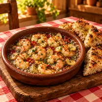 Camarones al ajillo o al pil pil, antipasti de Pizza Azzis en Providencia con cocinados al momento, con vino blanco y mantequilla, con pan pizza para acompañar. indícanos tu nivel 