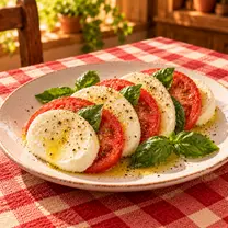 Caprese, antipasti de Pizza Azzis en Providencia con tomate, mozzarella fior di latte, albahaca y oliva