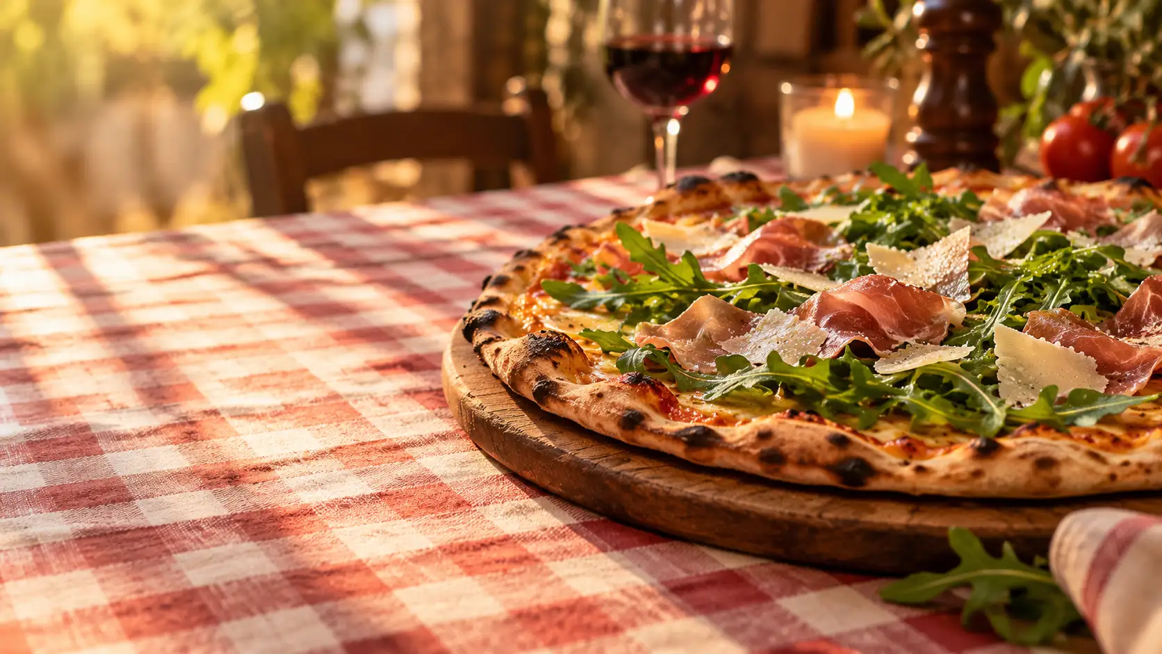 Pizza a la piedra de masa delgada recién horneada en Pizza Azzis, Providencia